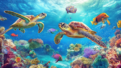 A group of sea turtles swimming together near a coral reef, with vibrant fish nearby.