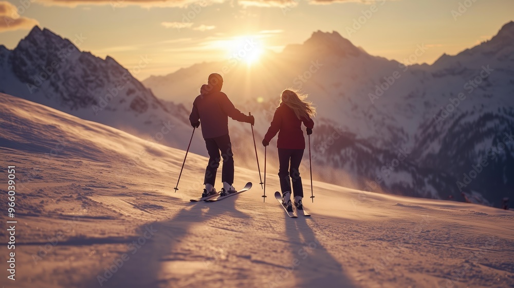 Skiers enjoy a picturesque sunset on snowy mountains in winter, creating a stunning backdrop for their outdoor adventure Skiers enjoy a picturesque sunset on snowy mountains in winter, creating a stunning backdrop for their outdoor adventure