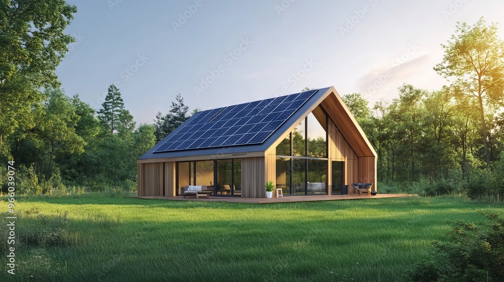 Modern House with Solar Panels on the Roof - AI generated illustration Modern House with Solar Panels on the Roof - AI generated illustration