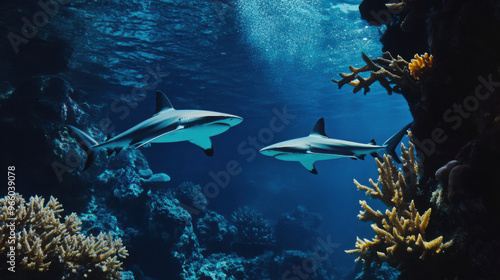 A pair of sharks swimming in the deep blue sea, with coral formations below. photo