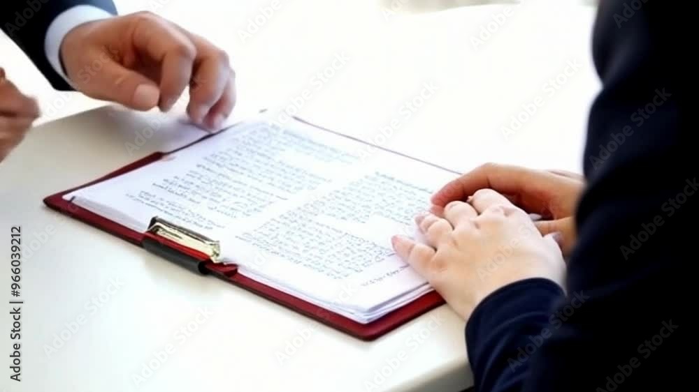 two people in business attire signing a document two people in business attire signing a document