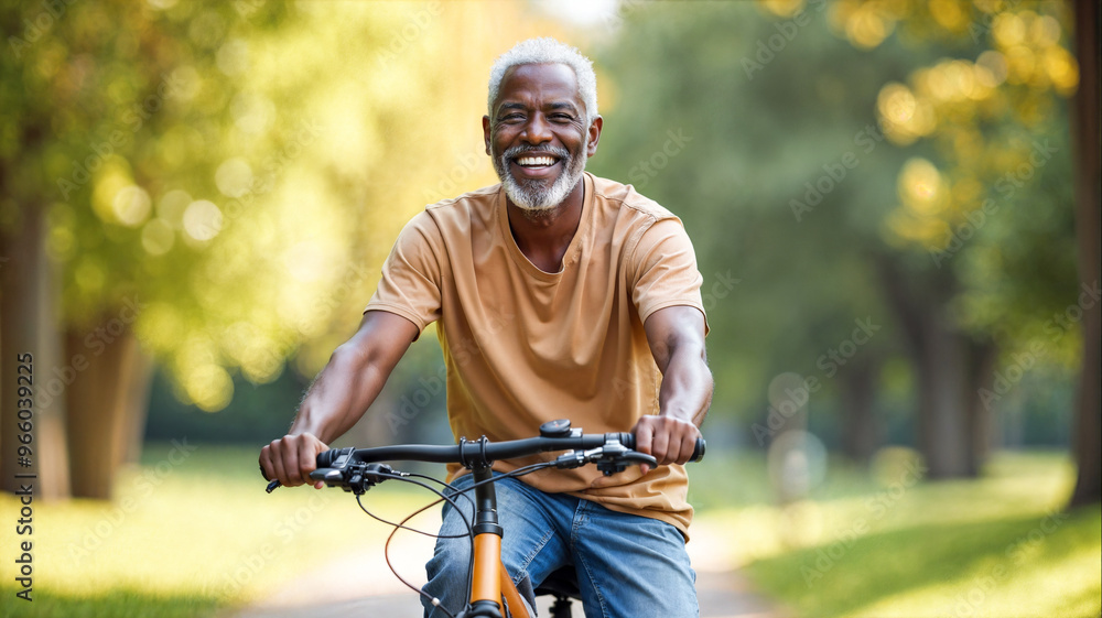 A smiling elderly black man rides his bicycle along a tree-lined path in a park, basking in the warm sunlight of an autumn afternoon. The atmosphere is cheerful and peaceful. A smiling elderly black man rides his bicycle along a tree-lined path in a park, basking in the warm sunlight of an autumn afternoon. The atmosphere is cheerful and peaceful.