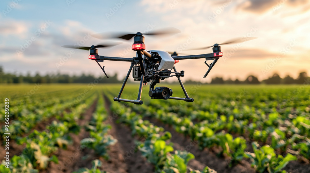 A drone equipped with a camera hovers over a green agricultural field during sunset, representing modern farming technology. A drone equipped with a camera hovers over a green agricultural field during sunset, representing modern farming technology.