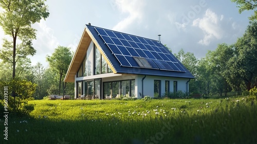 Modern House with Solar Panels on the Roof - AI generated illustration