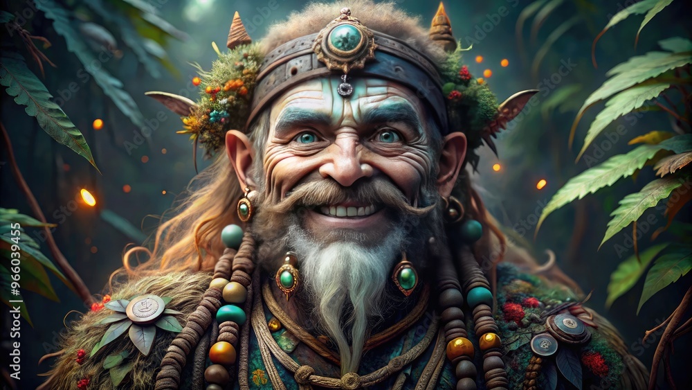 A wild-eyed, grinning fantasy creature sports a magnificent, braided beard adorned with tiny bones, feathers, and trinkets, exuding mythical, mischievous, and magical energy. A wild-eyed, grinning fantasy creature sports a magnificent, braided beard adorned with tiny bones, feathers, and trinkets, exuding mythical, mischievous, and magical energy.