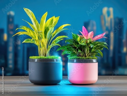 Vibrant indoor plants in stylish pots on a wooden surface, showcasing modern decor with a city skyline backdrop. photo