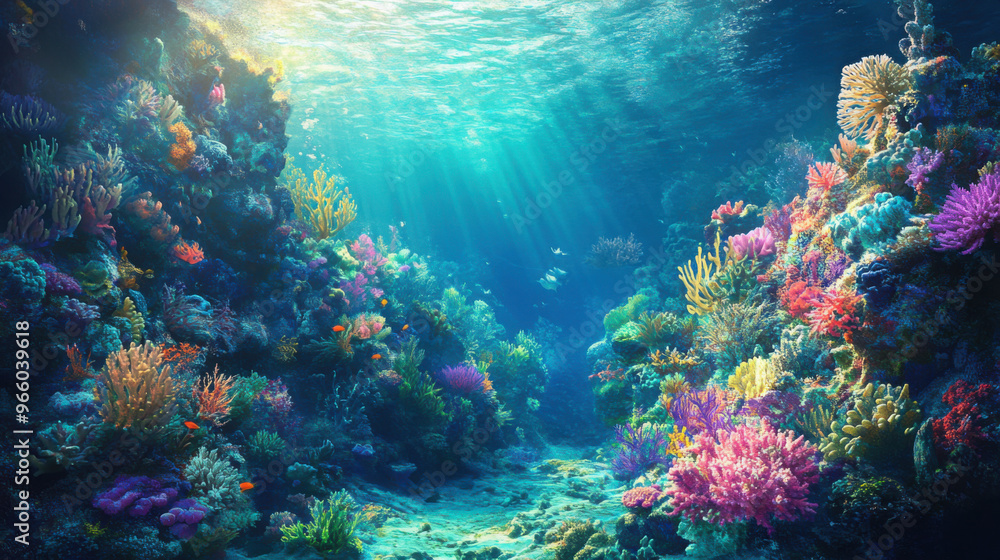 A vast underwater landscape featuring diverse marine life and colorful coral formations. A vast underwater landscape featuring diverse marine life and colorful coral formations.