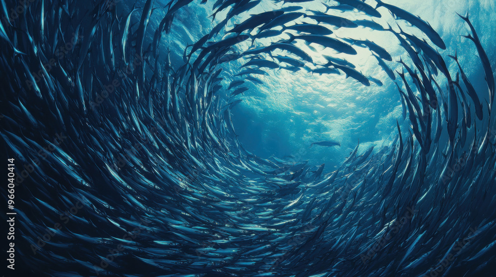 A school of barracuda swimming in unison, creating a swirling pattern in the water. A school of barracuda swimming in unison, creating a swirling pattern in the water.