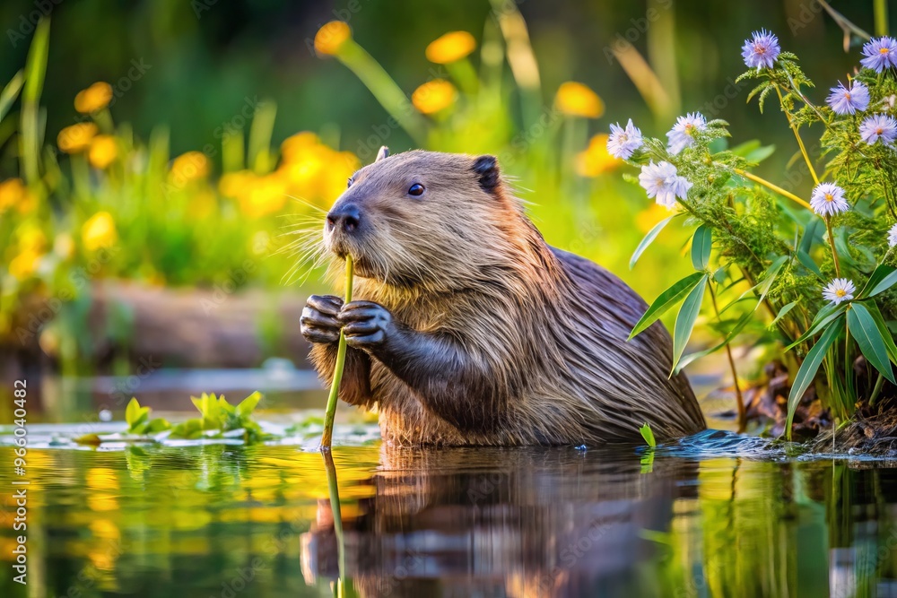 A busy beaver enthusiastically chomps on a branch, surrounded by a tranquil forest pond's calm water, lush greenery, A busy beaver enthusiastically chomps on a branch, surrounded by a tranquil forest pond's calm water, lush greenery,