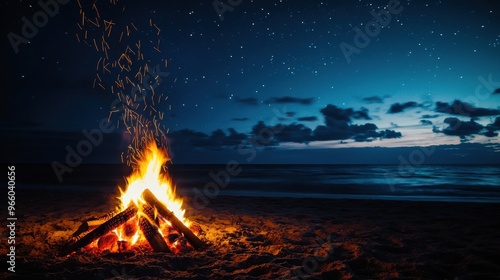 Fototapeta Naklejka Na Ścianę i Meble -  A Thanksgiving bonfire on the beach with a diverse group roasting turkey sausages and making pumpkin smores the flames flickering against the backdrop of the dark ocean and starry sky
