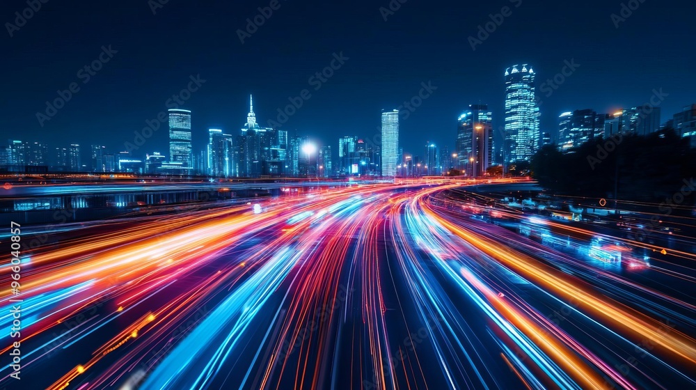 Fototapeta premium AI traffic analytics, digital visualization, urban skyline, glowing data streams