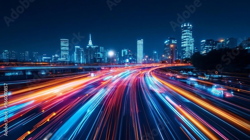 AI traffic analytics, digital visualization, urban skyline, glowing data streams