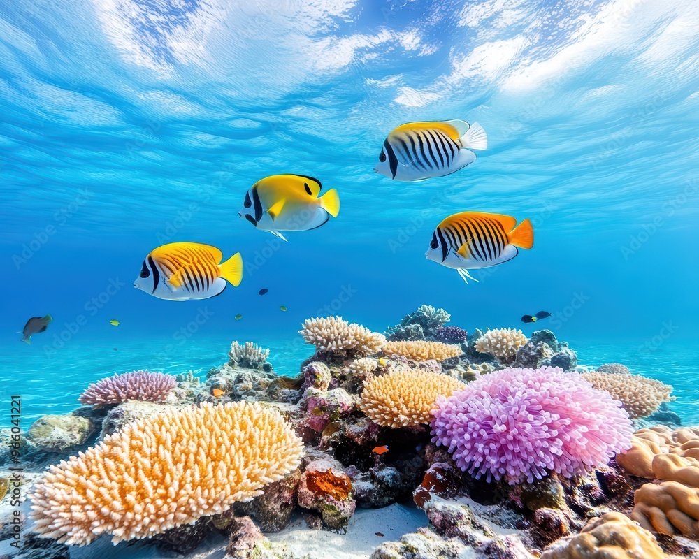 Naklejka premium Vibrant underwater scene featuring colorful coral reefs and exotic fish, showcasing the beauty of marine life and ocean ecosystems.