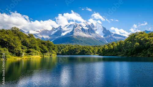 Serene mountain lake with snow-capped peaks and lush green trees.