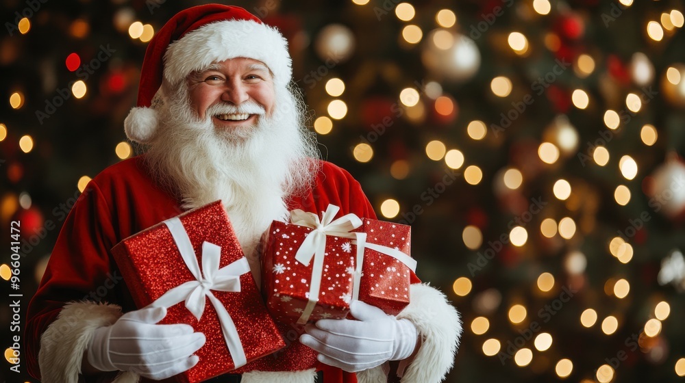 Santa Claus smiling as he carries red Christmas gifts with white ribbons, Santa Claus smiling as he carries red Christmas gifts with white ribbons,