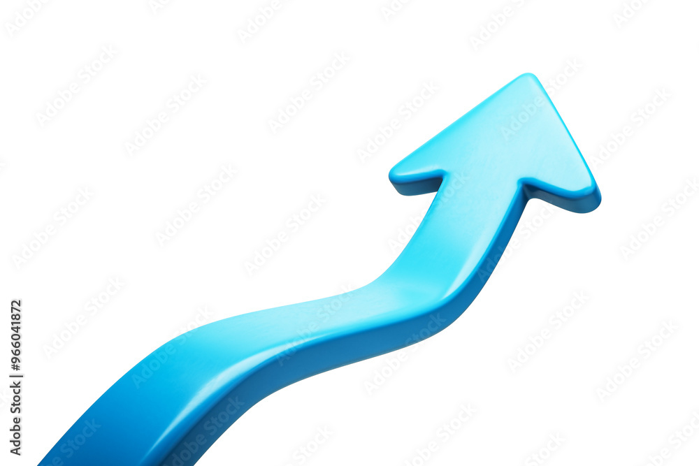 Blue curved arrow pointing upward, isolated on a clean white background. Concept of growth or progress. 3D Rendering Blue curved arrow pointing upward, isolated on a clean white background. Concept of growth or progress. 3D Rendering