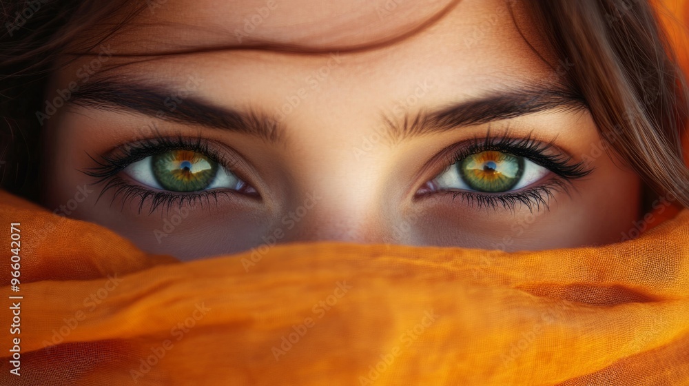 Closeup of the emerald eyes of a girl with her face wrapped in an orange scarf generative ai Closeup of the emerald eyes of a girl with her face wrapped in an orange scarf generative ai