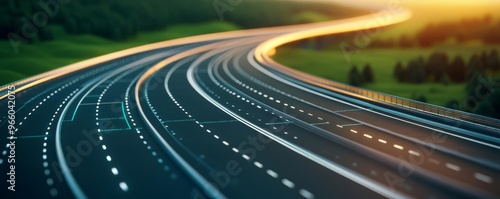 AI-driven road maintenance, digital planning interface, futuristic highways, bright day