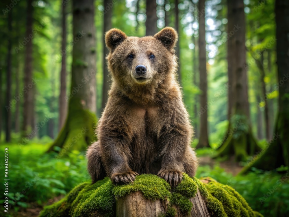 Adorable brown bear sits on a tree stump in a lush forest, gazing curiously at the camera with big, round eyes and a sweet expression. Adorable brown bear sits on a tree stump in a lush forest, gazing curiously at the camera with big, round eyes and a sweet expression.