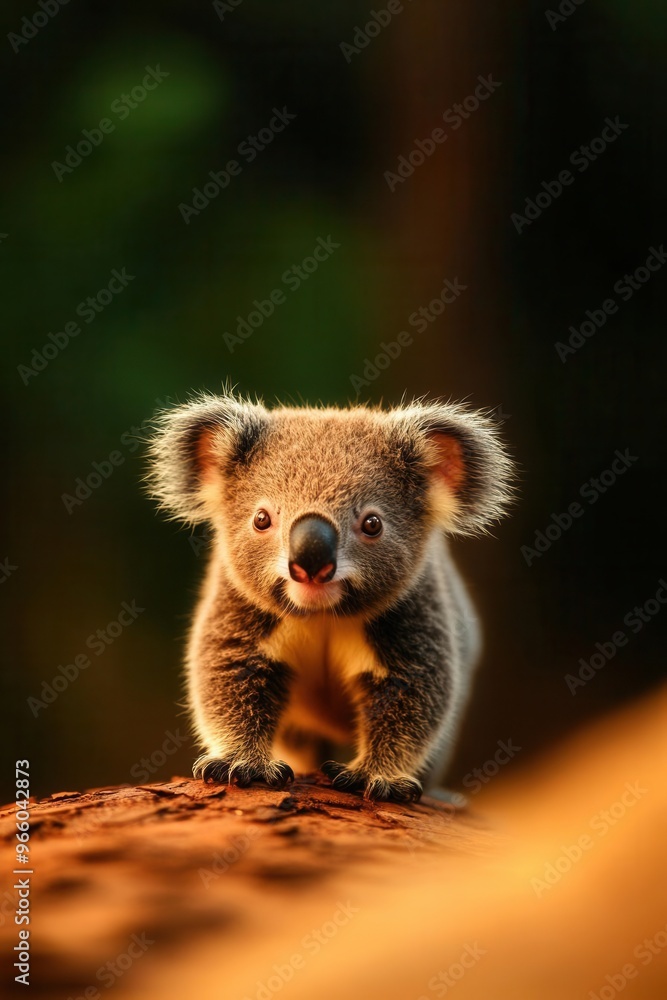 Obraz premium A playful koala perched on a rock, showcasing its adorable face and soft fur, surrounded by a vibrant natural environment.