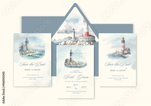 Luxury wedding invitation card background with watercolor lighthouse in the sea