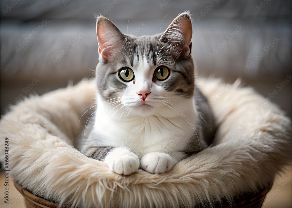 Adorable grey and white whiskered feline with a soft, puffy coat and big bright eyes lounges comfortably on a cozy cushion, showcasing its sweet innocence. Adorable grey and white whiskered feline with a soft, puffy coat and big bright eyes lounges comfortably on a cozy cushion, showcasing its sweet innocence.