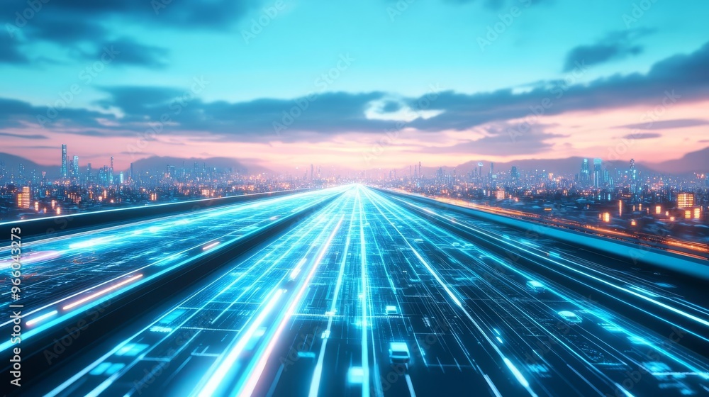 Fototapeta premium AI-powered vehicle tracking, holographic display, city grid, futuristic landscape