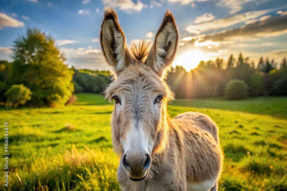 Adorable long-eared grey donkey with fluffy fur stands patiently in a sun-drenched meadow, its gentle eyes and sweet expression evoking warmth and innocence. Adorable long-eared grey donkey with fluffy fur stands patiently in a sun-drenched meadow, its gentle eyes and sweet expression evoking warmth and innocence.