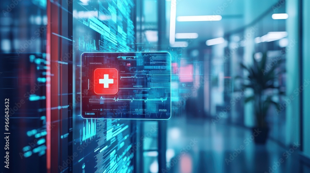 Dynamic depiction of a health insurance card with tech-inspired holographic elements floating in a professional business environment Dynamic depiction of a health insurance card with tech-inspired holographic elements floating in a professional business environment
