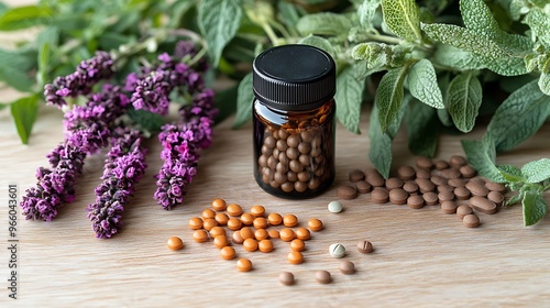 18. Naturopathic medicine ingredients laid out in a simple, yet elegant arrangement, with healing herbs, organic supplements, and homeopathic remedies displayed on a wooden surface 