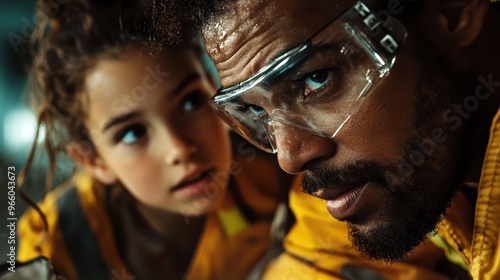 A man and a young girl, both wearing safety glasses and yellow attire, are working together on a task, illustrating teamwork, focus, and safety within a bright setting. photo