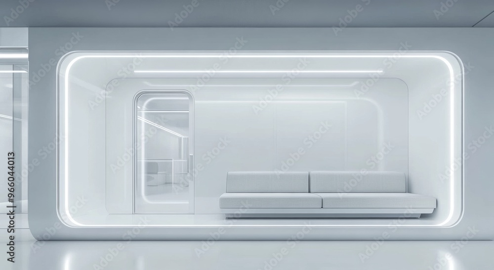 Modern minimalist interior design featuring a sleek sofa in a well-lit room Modern minimalist interior design featuring a sleek sofa in a well-lit room