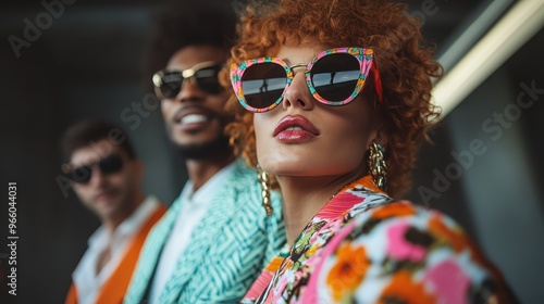 A fashionable woman wearing colorful sunglasses and chic clothes, exuding confidence and style, stands framed with two stylishly dressed people in a contemporary setting. photo