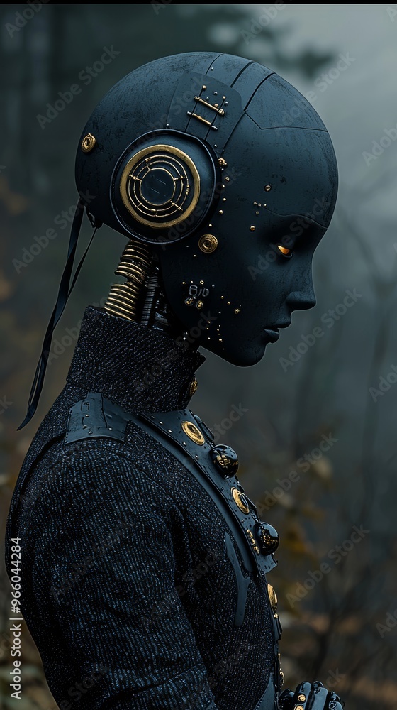 Futuristic Robot with Glowing Eyes in a Misty Forest Futuristic Robot with Glowing Eyes in a Misty Forest