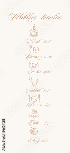 Cute and simple wedding timeline template. Marriage line icons and text.