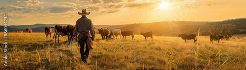 Cowboy herding cattle at sunset in a vast open field with a beautiful sky, symbolizing ranch life and the essence of the American West.