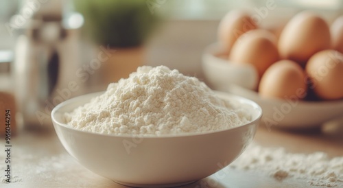 Bowl of flour and fresh eggs prepare for baking at a cozy kitchen counter