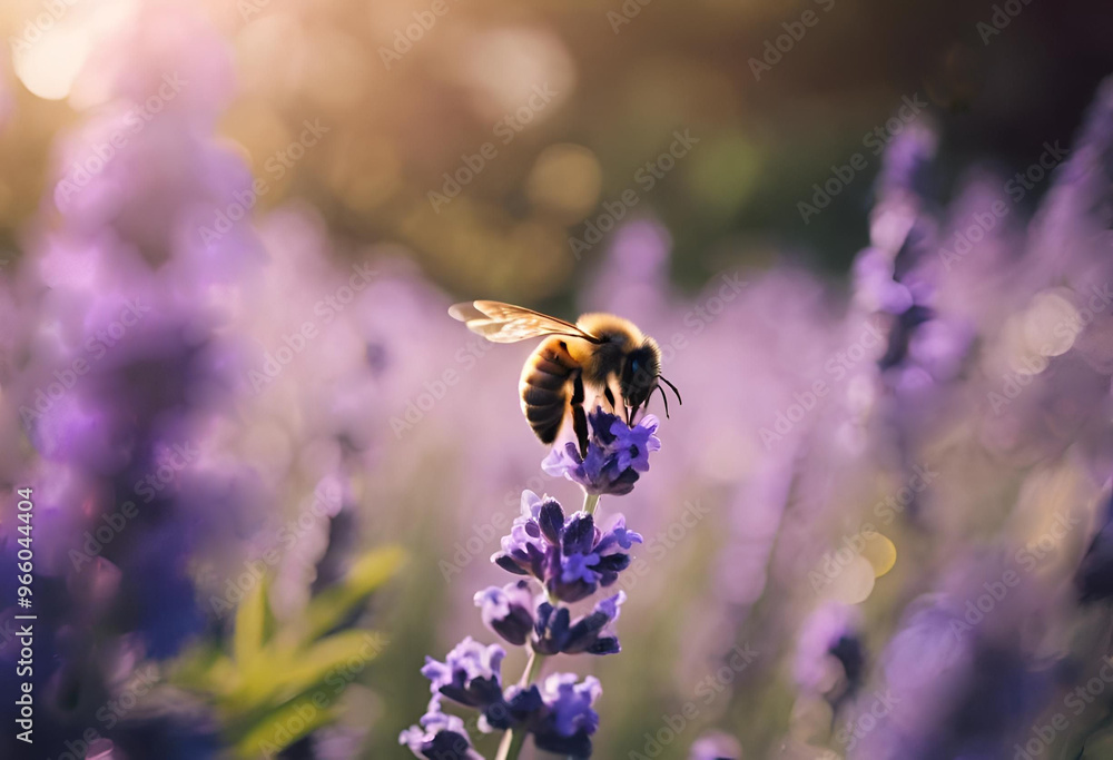 A honeybee gathering nectar from a vibrant lavender flower in a sunny garden during late springtime