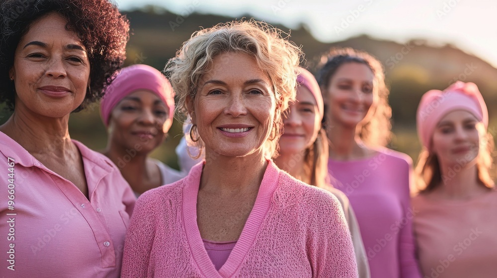 A diverse group of breast cancer survivors standing together in solidarity, wearing various shades of pink, with confident and strong expressions, set against a bright outdoor landscape, symbolizing A diverse group of breast cancer survivors standing together in solidarity, wearing various shades of pink, with confident and strong expressions, set against a bright outdoor landscape, symbolizing