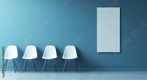 Modern interior with minimalist design featuring white chairs against blue wall