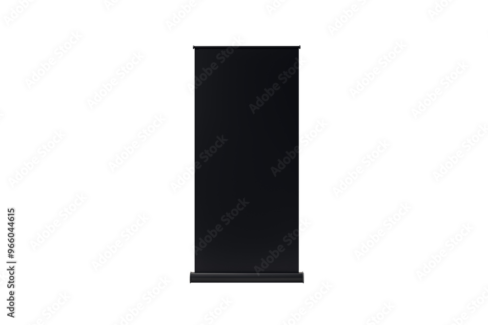 Black roll-up stand mockup isolated on a white background, showcasing a clean design concept for posters, banners, or promotional displays. 3D Rendering Black roll-up stand mockup isolated on a white background, showcasing a clean design concept for posters, banners, or promotional displays. 3D Rendering