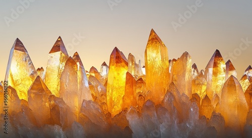 Golden quartz crystals illuminated by sunlight against a dramatic sky in a na...
