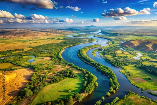 Aerial Shot Of Africa Showcasing The Winding Nile River And Lush Landscapes Of The Surrounding Terrain photo