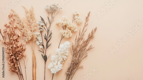 Rustic Autumn Floral and Dried Plant Arrangement on Beige Background, Minimalistic and Moody Flat Lay. AI generated illustration