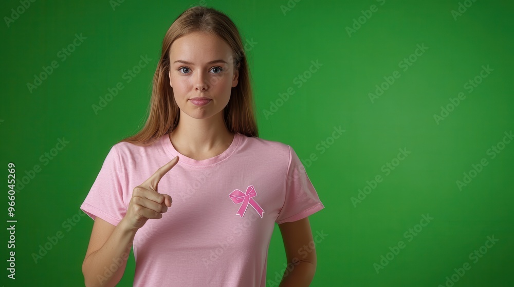 An isolated over a green screen background image of a woman with a serious expression wearing a pink ribbon t-shirt pointing to a virtual infographic about breast cancer statistics and early An isolated over a green screen background image of a woman with a serious expression wearing a pink ribbon t-shirt pointing to a virtual infographic about breast cancer statistics and early