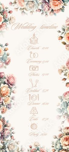 Watercolor wedding timeline template with garden floral roses.