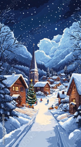 Snowy winter village scene with festive decorations and a mountain backdrop a...