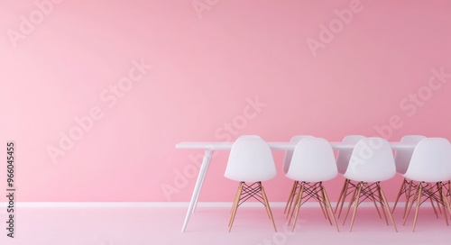 Modern dining area with white table and chairs against vibrant pink wall