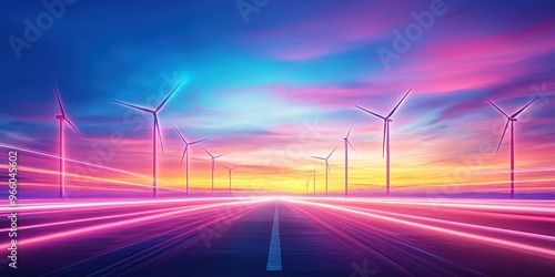 A vibrant landscape showcasing wind turbines against a colorful sunrise, symbolizing renewable energy and sustainability.