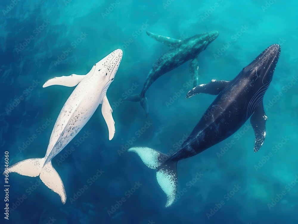 Fototapeta premium Offshore wind turbines near a whale migration path, ocean wildlife thriving, eco-friendly energy